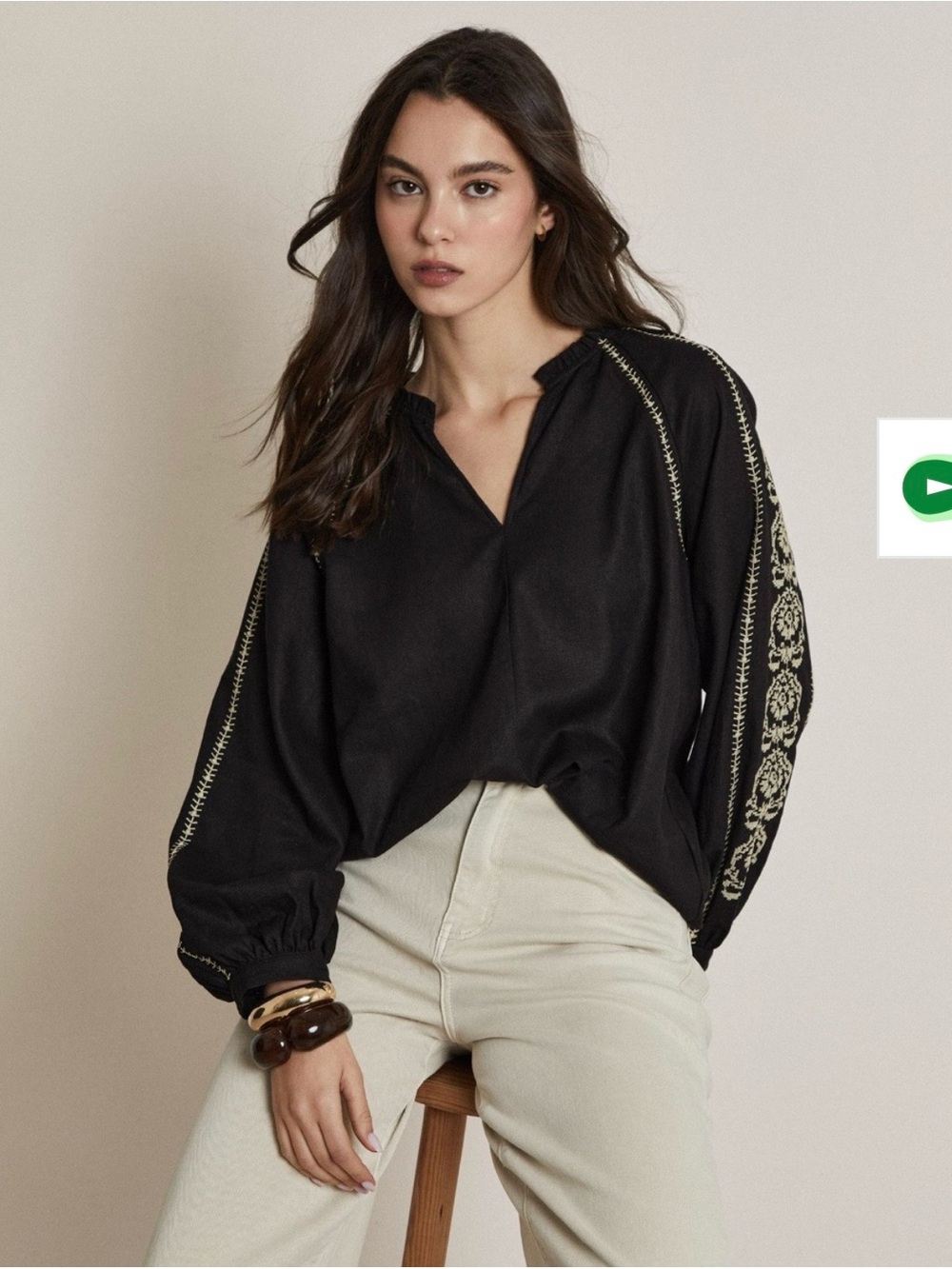 Zara Black Blouson Sleeve Embroidered Top